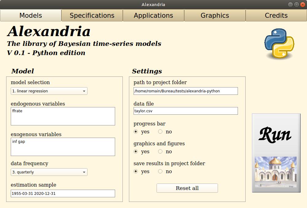 Graphical user Interface, model selection tab